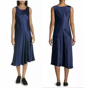 NEW Vince XS Asymmetrical Crinkled Satin Sleeveless Midi Dress Ink Dark Navy